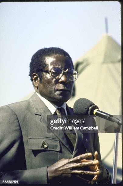 Of Zimbabwe Robert G. Mugabe in military uniform, speaking at election rally at Tsholotsho.