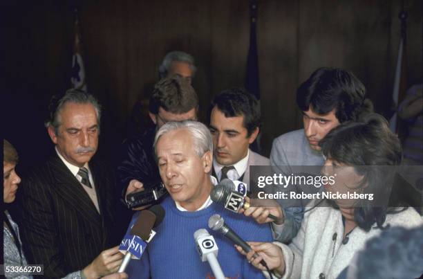 Brazilian Criminal Policeman Aryton Martini being interviewed by press during investigation into supposed death of infamous Nazi doctor Joseph...