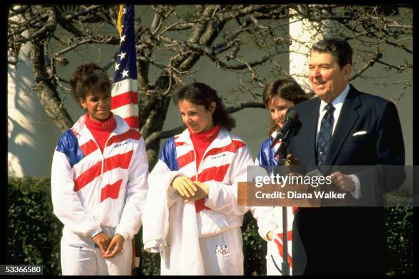 President Ronald Reagan with members of US Olympic team Bonnie Blair & Debi Thomas .