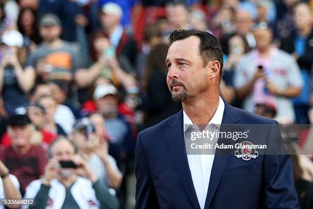 Former Boston Red Sox pitcher Tim Wakefield looks on during a Red Sox Hall of Fame Class of 2016 ceremony before a game between the Boston Red Sox...
