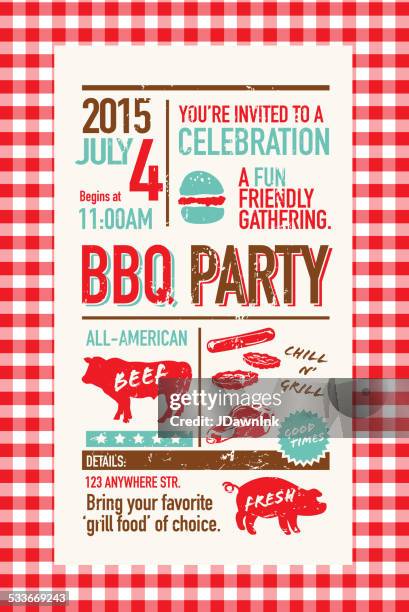 bbq invitation design template on checkered tablecloth - picnic stock illustrations