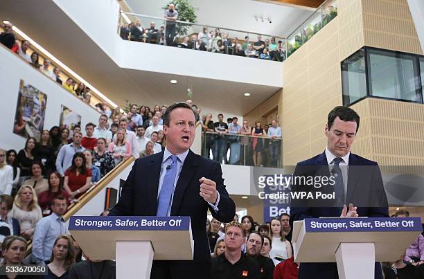 Prime Minister David Cameron and Chancellor of the Exchequer George Osborne deliver a speech on the potential economic impact to the UK on leaving...