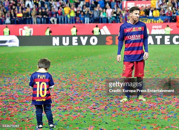 Leo Messi and Thiago Messi attend the Copa del Rey match - FC Barcelona vs Sevilla FC at Vicente Calderon Stadium on May 22, 2016 in Madrid, Spain.