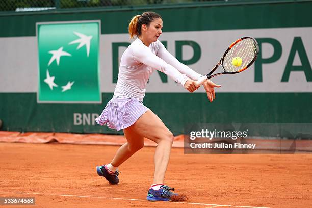 Margarita Gasparyan of Russia plays a backhand during the Ladies Singles first round match against Sloane Stephens of the United States on day two of...