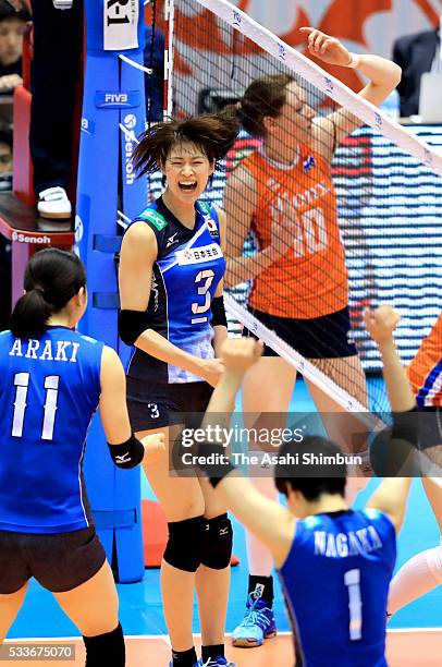 Saori Kimura of Japan celebrates a point during the Women's World Olympic Qualification game between Netherlands and Japan at Tokyo Metropolitan...