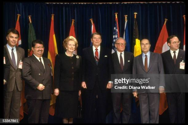Summit leaders Felipe Gonzalez, Turgot Ozal, Margaret Thatcher, President Reagan, Secretary General Lord Peter Carrington & Francois Mitterrand.