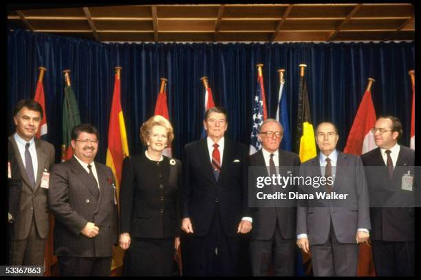 Summit leaders Felipe Gonzalez, Turgot Ozal, Margaret Thatcher, President Reagan, Secretary General Lord Peter Carrington & Francois Mitterrand.