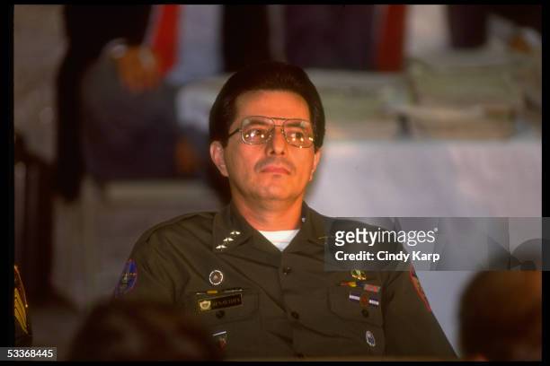 Col. Guillermo Benavides Moreno in court, pronounced guilty, 1 of 2 soldier defendants convicted of Nov., 1989 Jesuit priests murders.