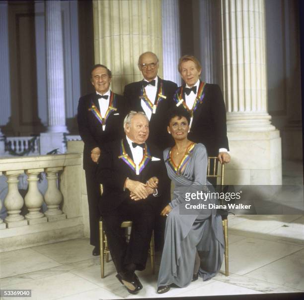 Kennedy Center awardees posing. Front: violinist Isaac Stern, singer Lena Horne; rear L to R: composer Gian Carlo Menotti, playwright Arthur Miller...