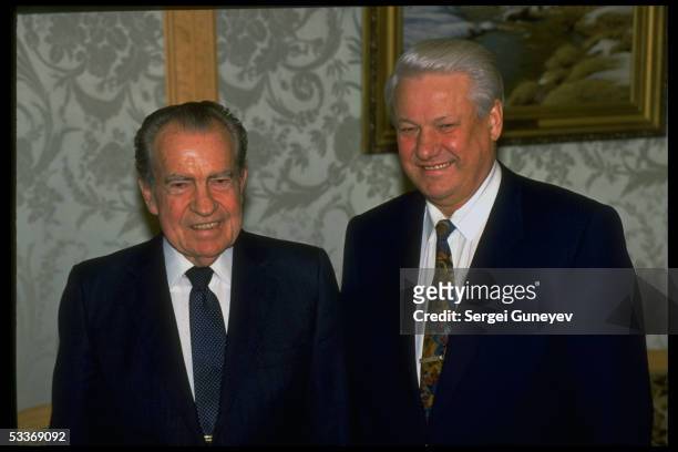 Russian President Boris Yeltsin & former US President Dick Nixon, all-smiles, meeting at Kremlin.