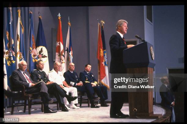 President Bill Clinton speaking on gays in military, with Defense Secretary Les Aspin, General Colin Powell, Adm. Frank Kelso & General Merrill...