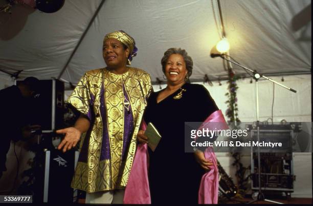 Author Maya Angelou with Nobel laureate Toni Morrison at party in honor of poet Rita Dove & Morrison, at Angelou's home; Winston-Salem.