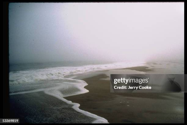 Waves rolling gently on shore of misty beach.