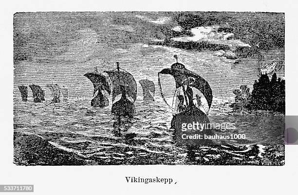 viking ship engraving, circa 1800s - viking ship stock illustrations