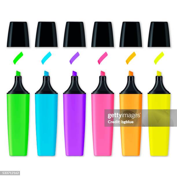 collection of colored highlighters with markings - highlighter pen stock illustrations