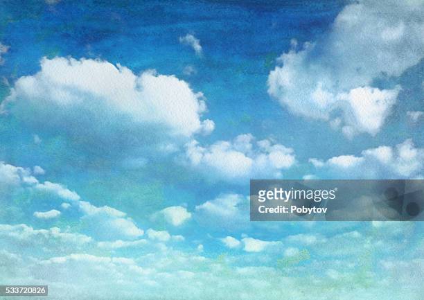 watercolor summer blue sky with clouds - cloud sky 幅插畫檔、美工圖案、卡通及圖標