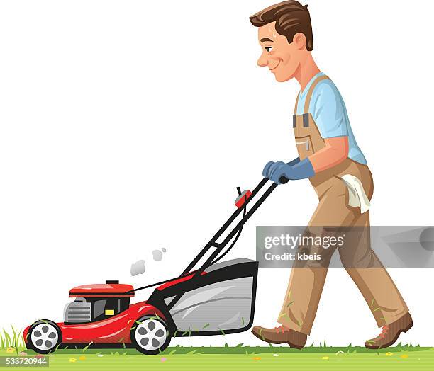 ilustrações, clipart, desenhos animados e ícones de homem segando o gramado - cortador de grama equipamento de jardinagem