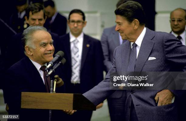 President Reagan with Israeli Prime Minister Shamir at White House departure ceremony.