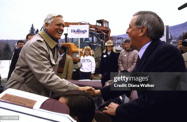 Presidential candidates Walter F. Mondale and Ernest Hollings greet each other before parade.