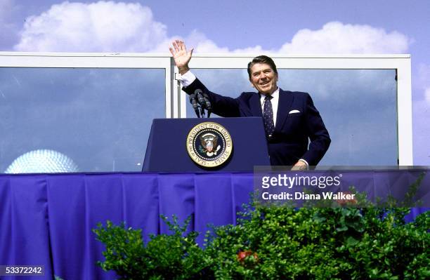 President Reagan speaking during visit to EPCOT Center.