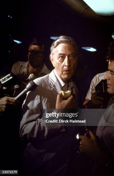 American Ambassador to Vietnam Graham Martin speaking to press aboard the USS Blue Ridge after the evacuation of American personnel from Vietnam...