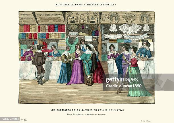 shopping arcade at palais de justice in paris 17th century - 17th century stock illustrations