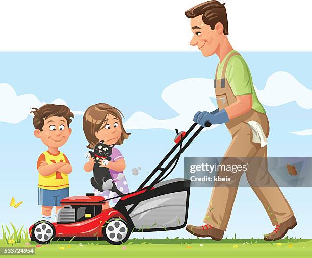 father mowing the lawn - lawn care stock illustrations