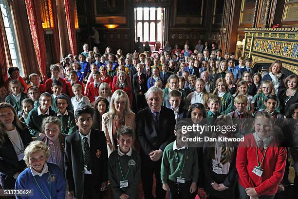Rt Hon John Bercow MP and Speaker of the House of Commons poses for a photo with school children during an EU Referendum Debate in Speaker's House on...
