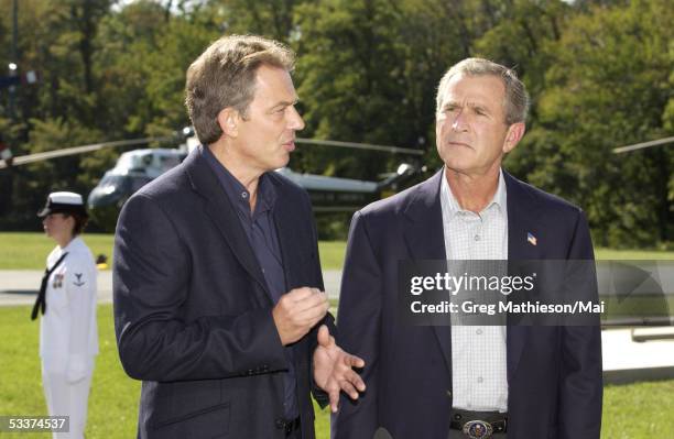 British Prime Minister Tony Blair with President George with Bush at Camp David press conference prior to discussions re situation with Iraq.