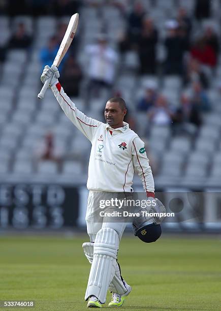 Alviro Petersen of Lancashire celebrates scoring his century during the Specsavers County Championship Division One match between Lancashire and...