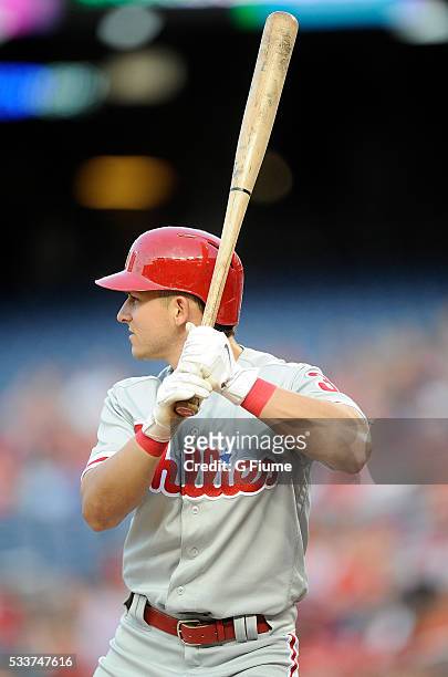 David Lough of the Philadelphia Phillies bats against the Washington Nationals at Nationals Park on April 26, 2016 in Washington, DC.