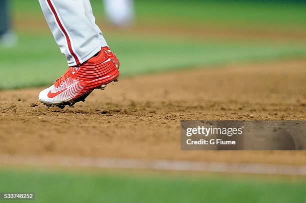 David Lough of the Philadelphia Phillies wears Nike shoes during the game against the Washington Nationals at Nationals Park on April 26, 2016 in...