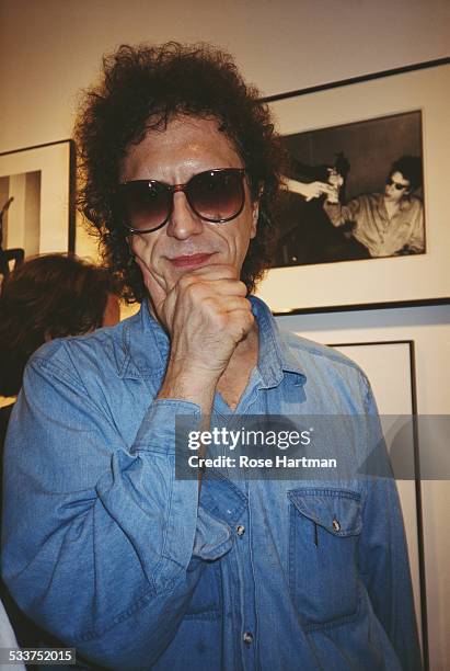 British photographer Mick Rock attending the 'Images of Punk' exhibition at the Earl McGrath Gallery in New York City, USA, 1996.