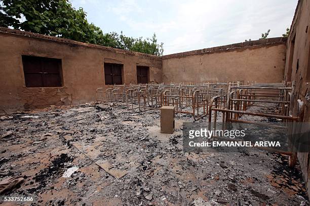 Picture taken on May 10, 2016 in Okokolo-Agatu in Benue State, north-central Nigeria shows a burnt classroom of the Okokolo Community Secondary...