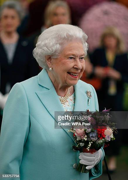 Queen Elizabeth II arrives at Chelsea Flower Show press day at Royal Hospital Chelsea on May 23, 2016 in London, England. The show, which has run...