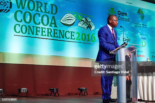 Jean Marc Anga, Executive Director of ICOO talks during the Conference Registration and Exhibition Open as part of World Cocoa Conference 2016 at...