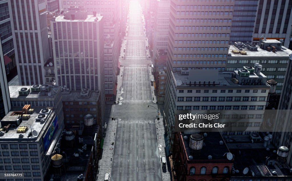 High angle view of street and high rise buildings in cityscape