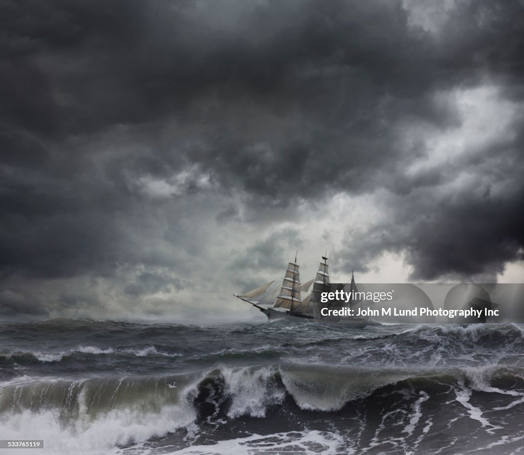 Ship sailing on stormy seas