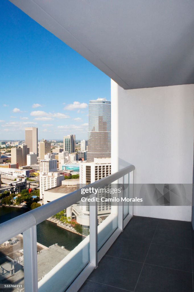 Balcony overlooking high rises in urban cityscape, Miami, Florida, United States