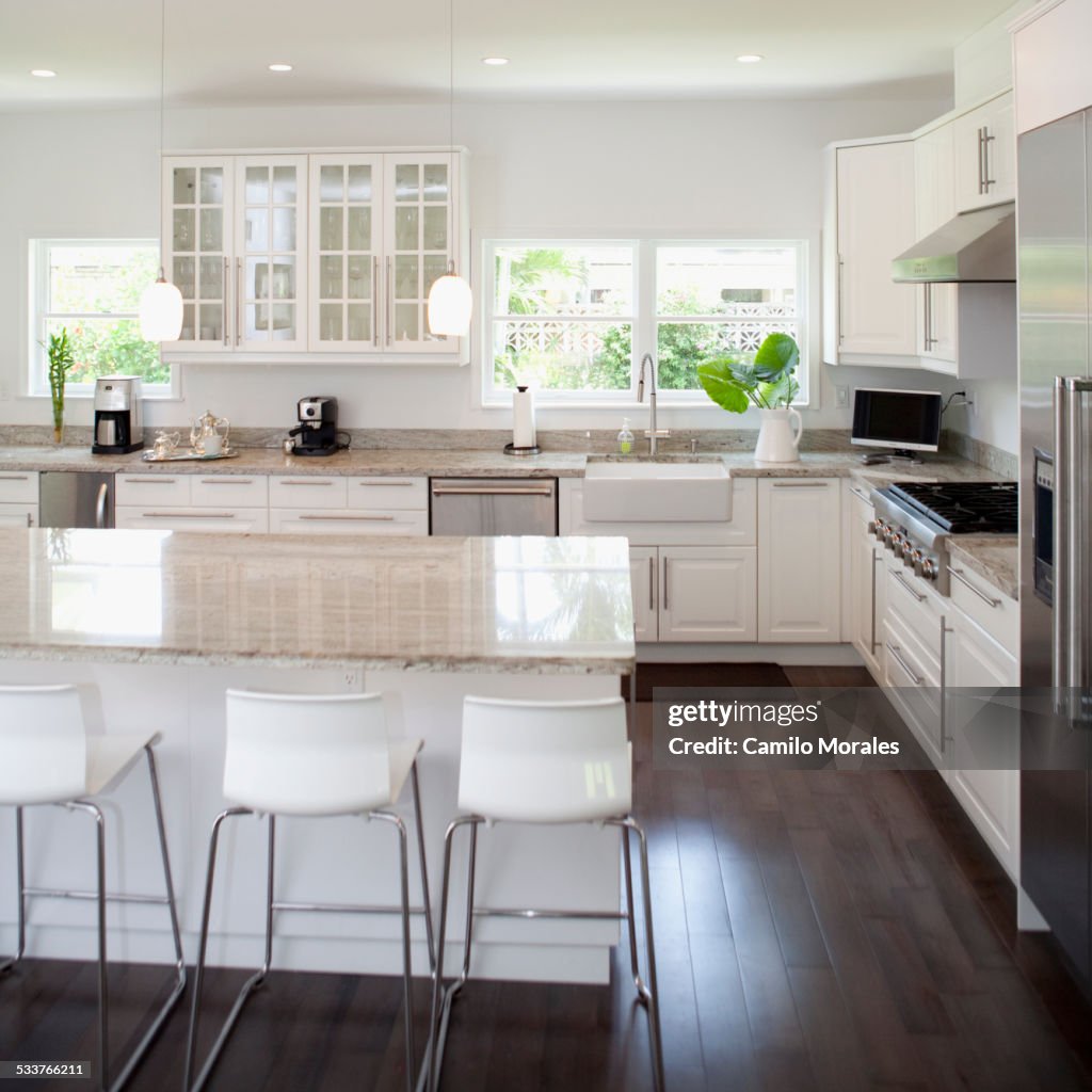 Stools, breakfast bar and counters in modern kitchen