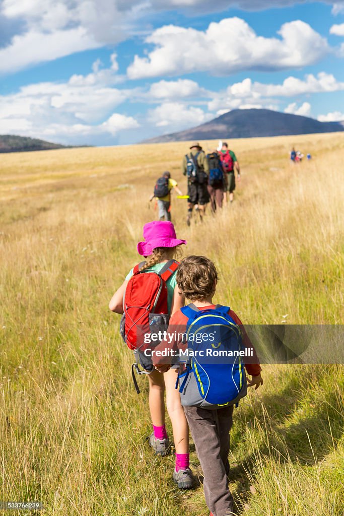 Caucasian children walking in grassy field in remote landscape