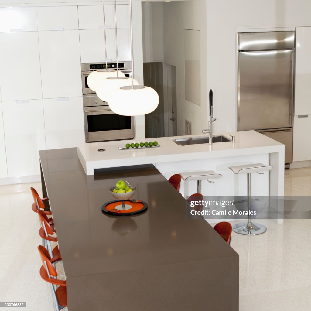 High angle view of counters in modern kitchen