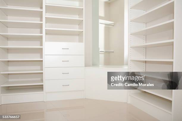 empty shelves and drawers in modern walk-in closet - placard fotografías e imágenes de stock