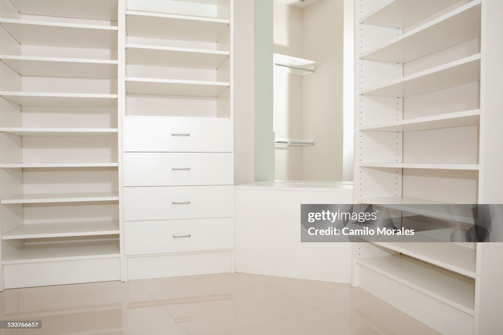 Empty shelves and drawers in modern walk-in closet
