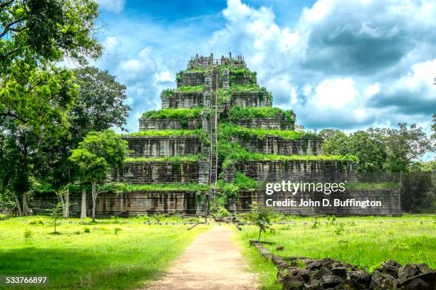 overgrown stone temple in remote field, srayong cheung, preah vihear, cambodia - kambodschanische kultur stock-fotos und bilder