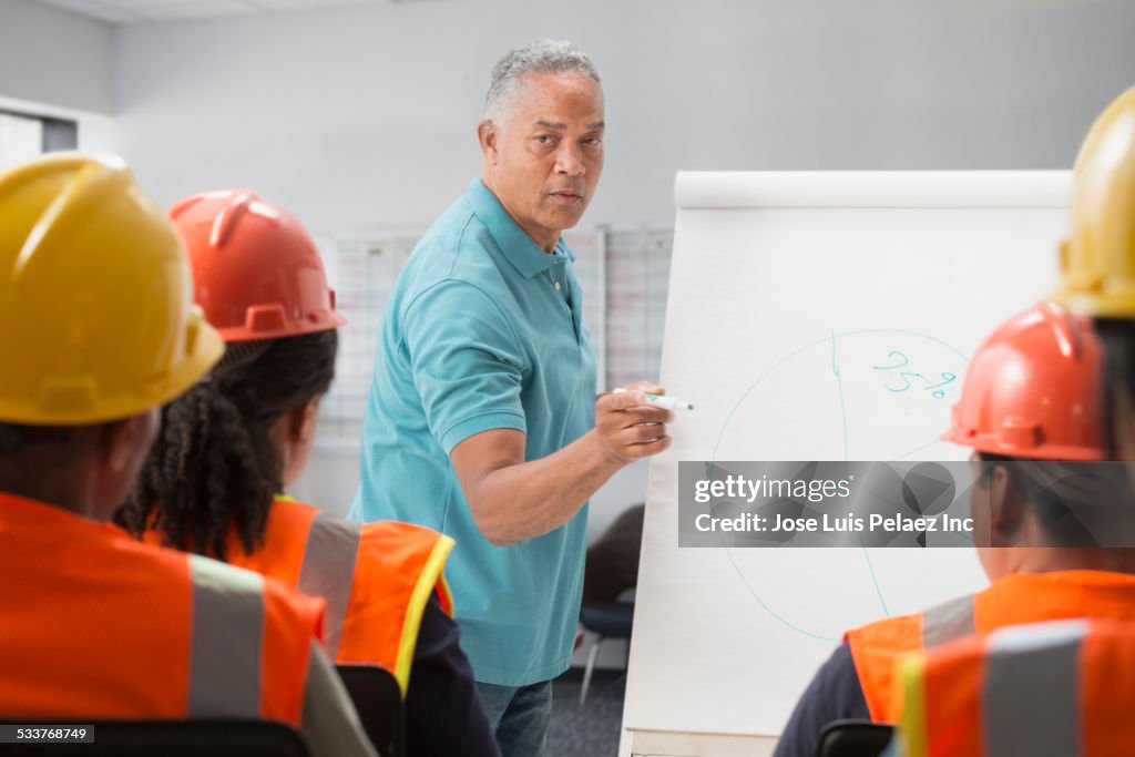 Speaker giving presentation to construction workers