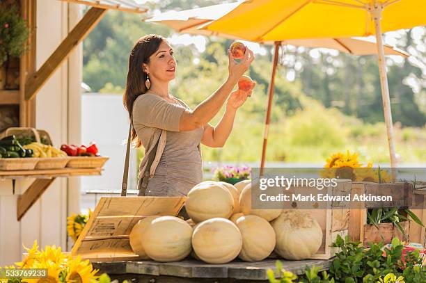 hispanic woman browsing fruit at farmers market - cantaloupe melon stock pictures, royalty-free photos & images