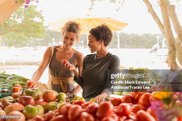 women browsing produce at farmers market - mercato di prodotti agricoli foto e immagini stock