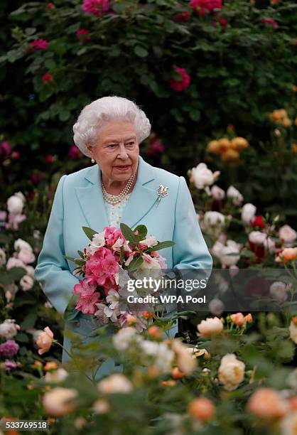 Queen Elizabeth II arrives at Chelsea Flower Show press day at Royal Hospital Chelsea on May 23, 2016 in London, England. The show, which has run...