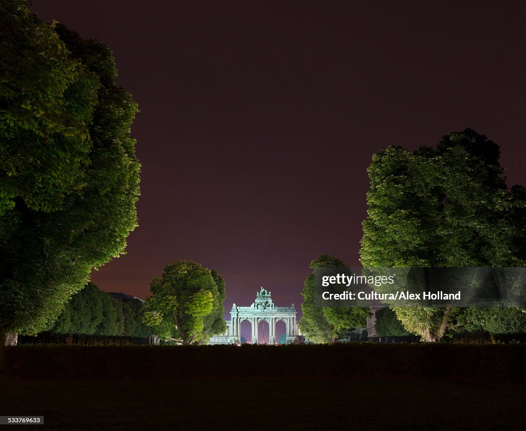 Triumphal arch and Jubelpark at night, Brussels, Belgium